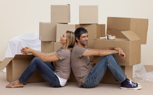 Office furniture and equipment being organised for a Belgravia move