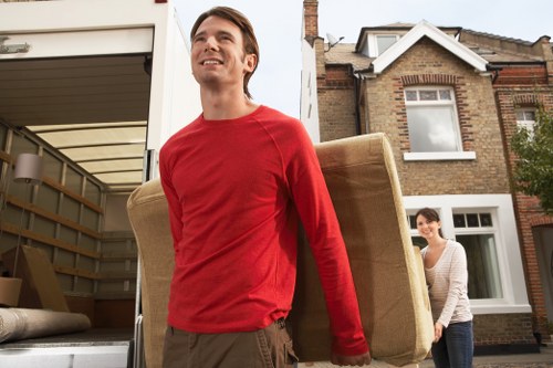 Packed office equipment ready for transport during a Belgravia relocation